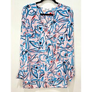 Diane Von Furstenberg Pink Blue Floral Silk Blouse Size 4 Oversized Boho Artsy
